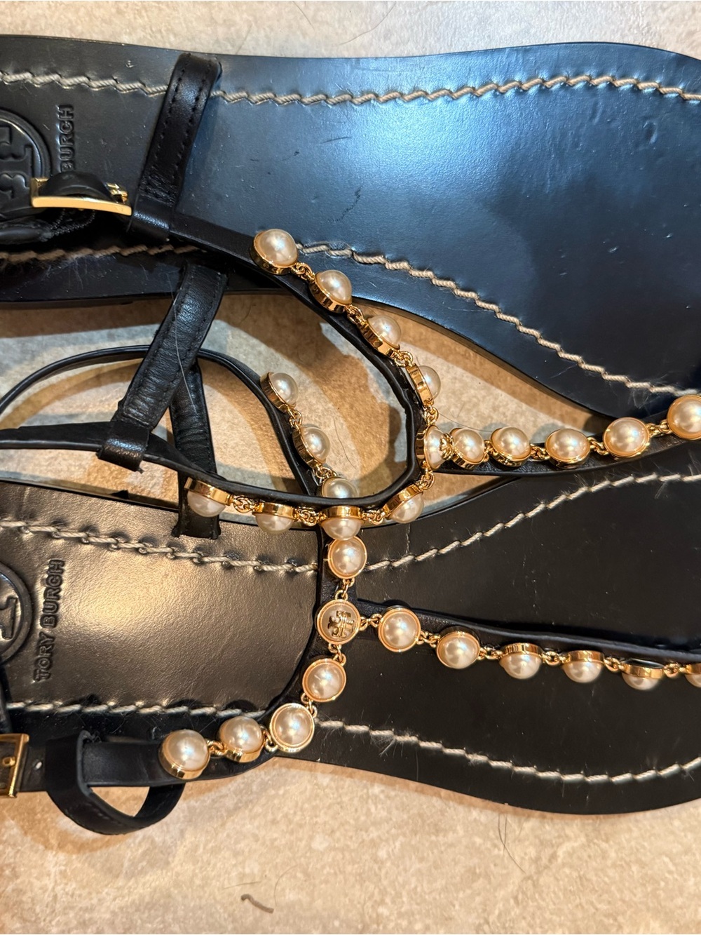 Tory Burch Black Leather T-Strap Sandals with Pearl & Gold Chain